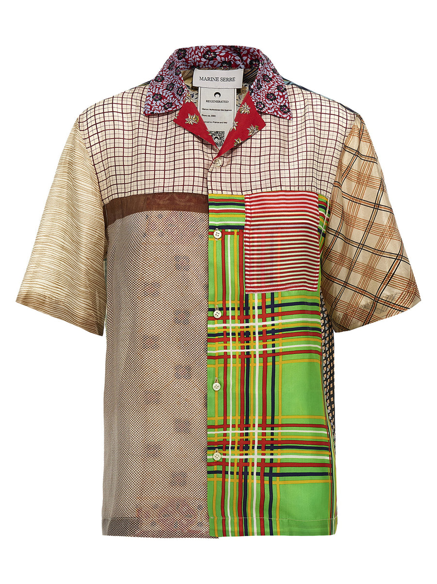 Marine Serre Regenerated Silk Patchwork Scarves Bowling Shirt — Cream