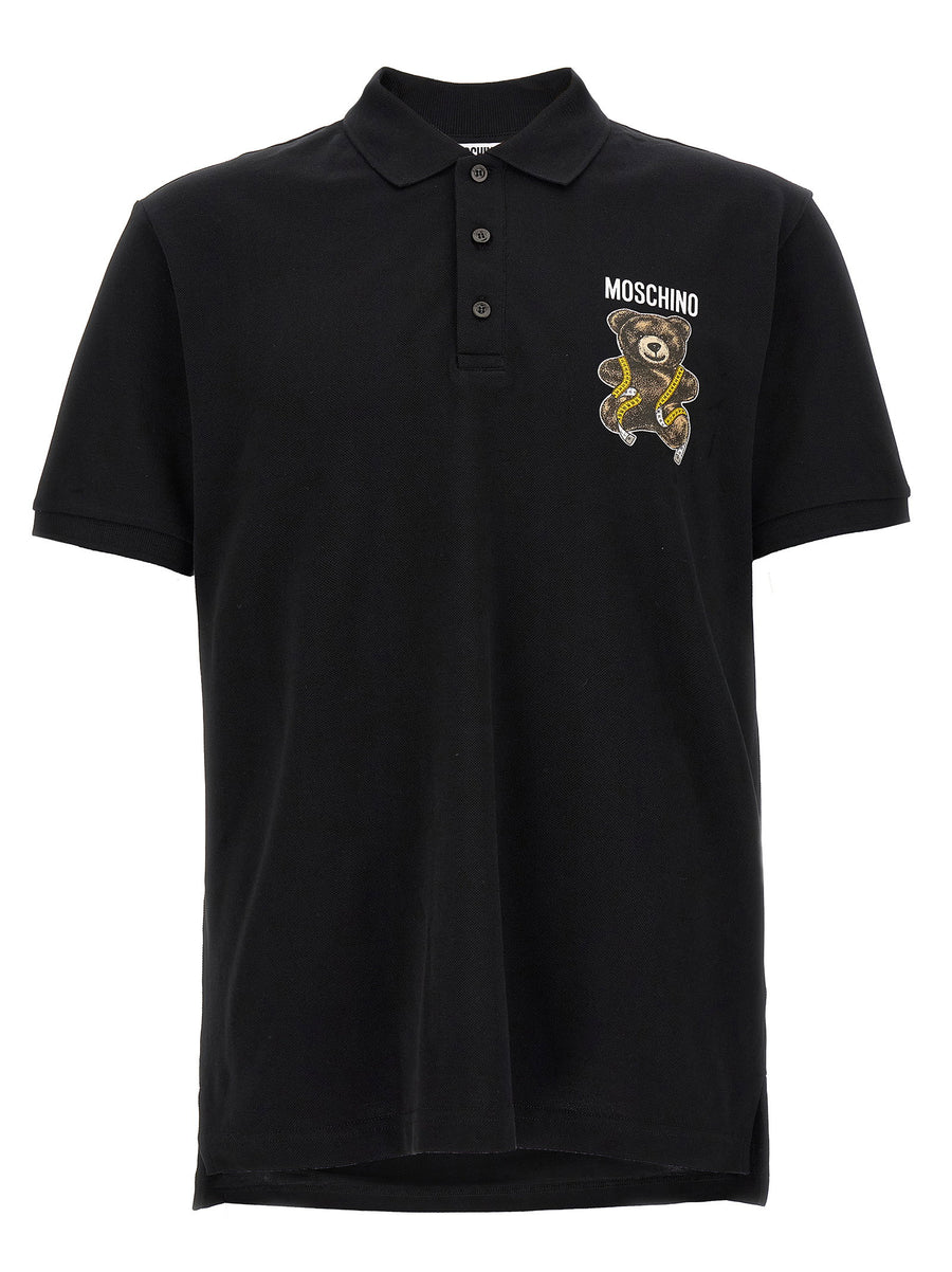Moschino Teddy Bear-Embroidered Piqué Polo Shirt — Black