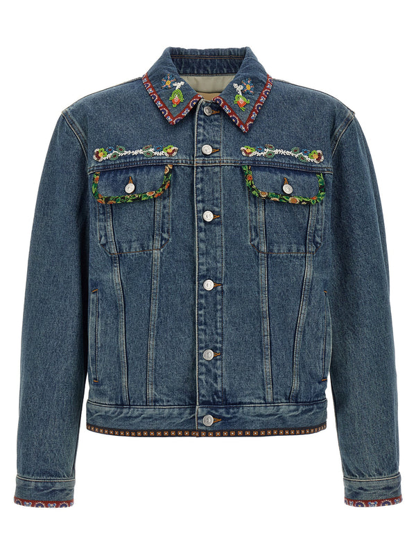 Valentino Garavani Beaded Floral Embroidered Denim Jacket — Blue