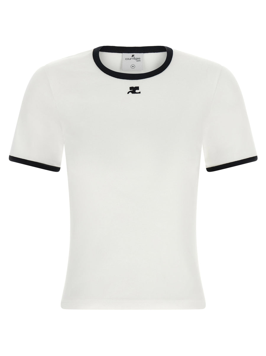 Courreges Logo-Embroidered Contrast-Trim T-shirt — White