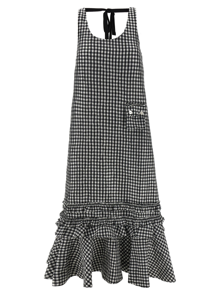 Ganni Crinkled Check Dress — Black