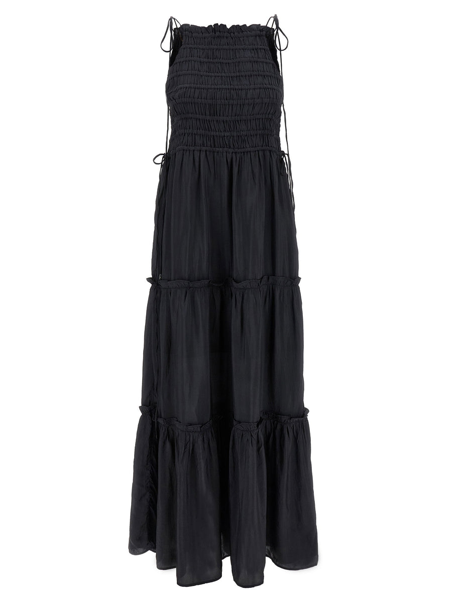 Ganni Smocked Viscose Dress — Black