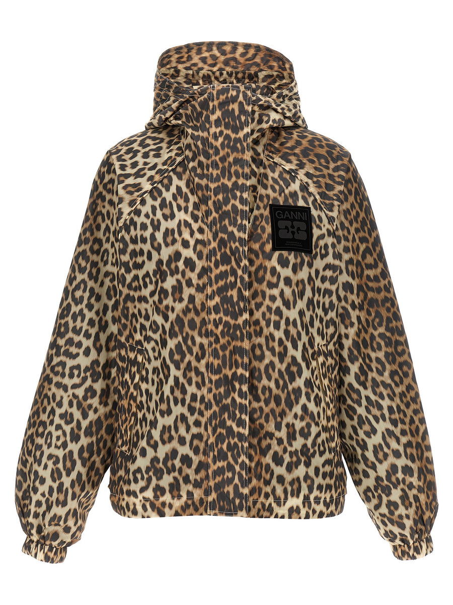 Ganni Leopard Print Nylon Windbreaker Jacket — Beige