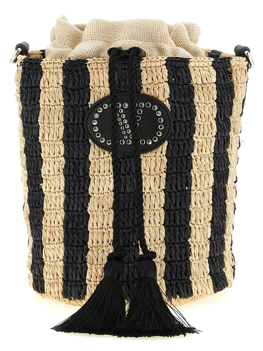 Valentino Garavani Hand-Woven Raffia Striped Bucket Bag — Black