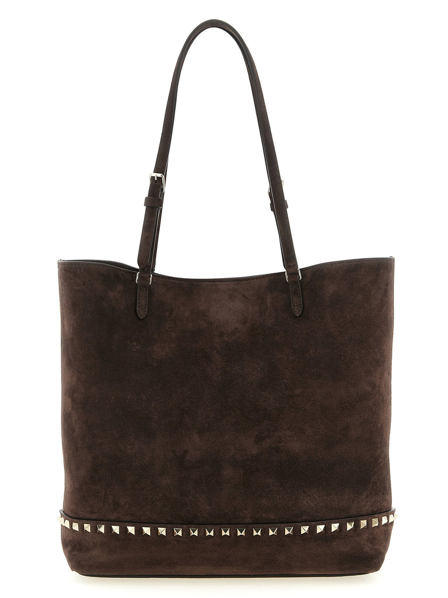 Valentino Garavani Rockstud-Trimmed Suede Shoulder Bag — Brown