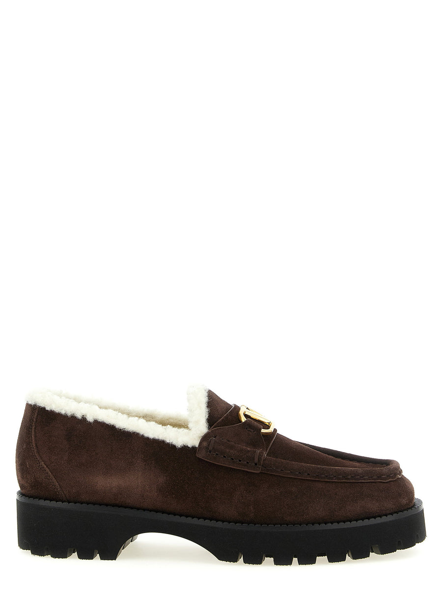 Valentino Garavani Shearling-Lined Suede Loafer — Brown