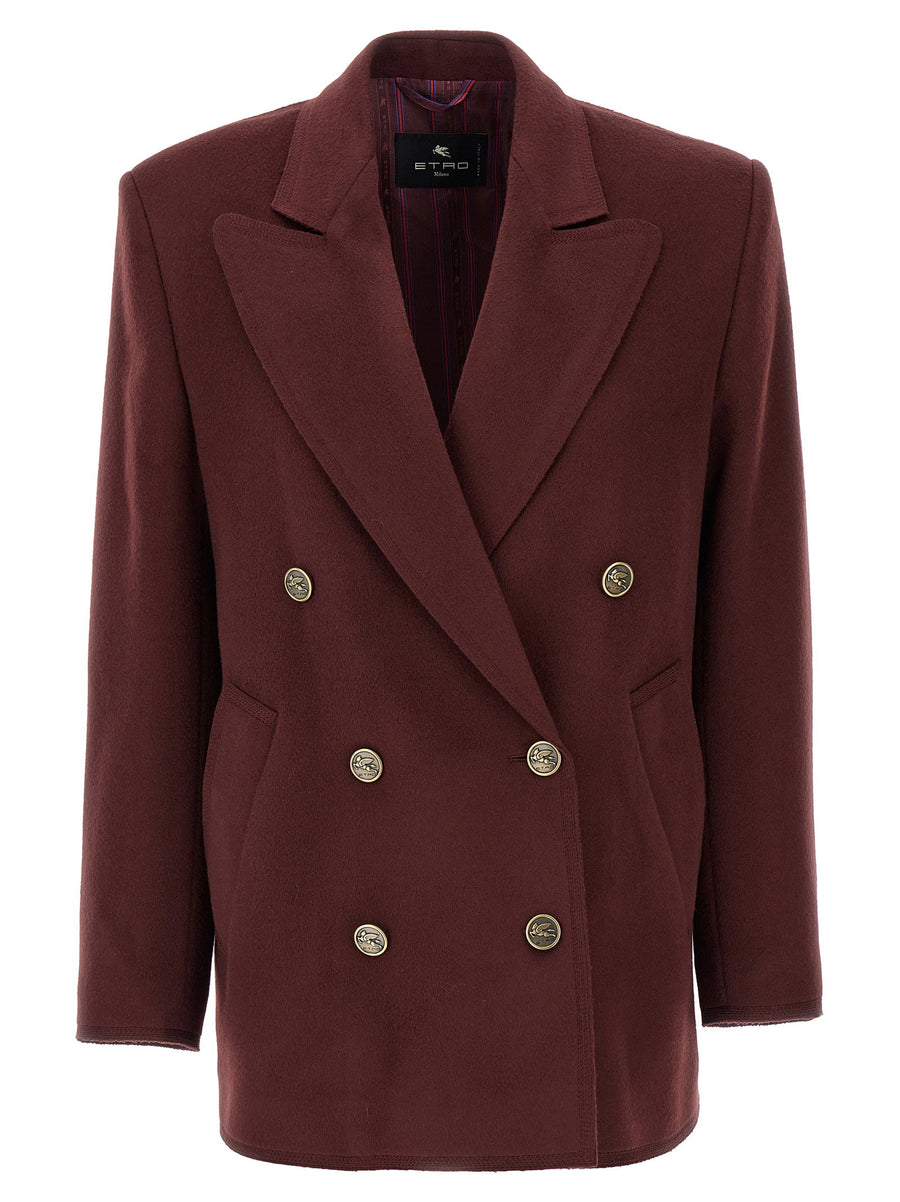 Etro Double-Breasted Wool-Cashmere Blazer — Burgundy