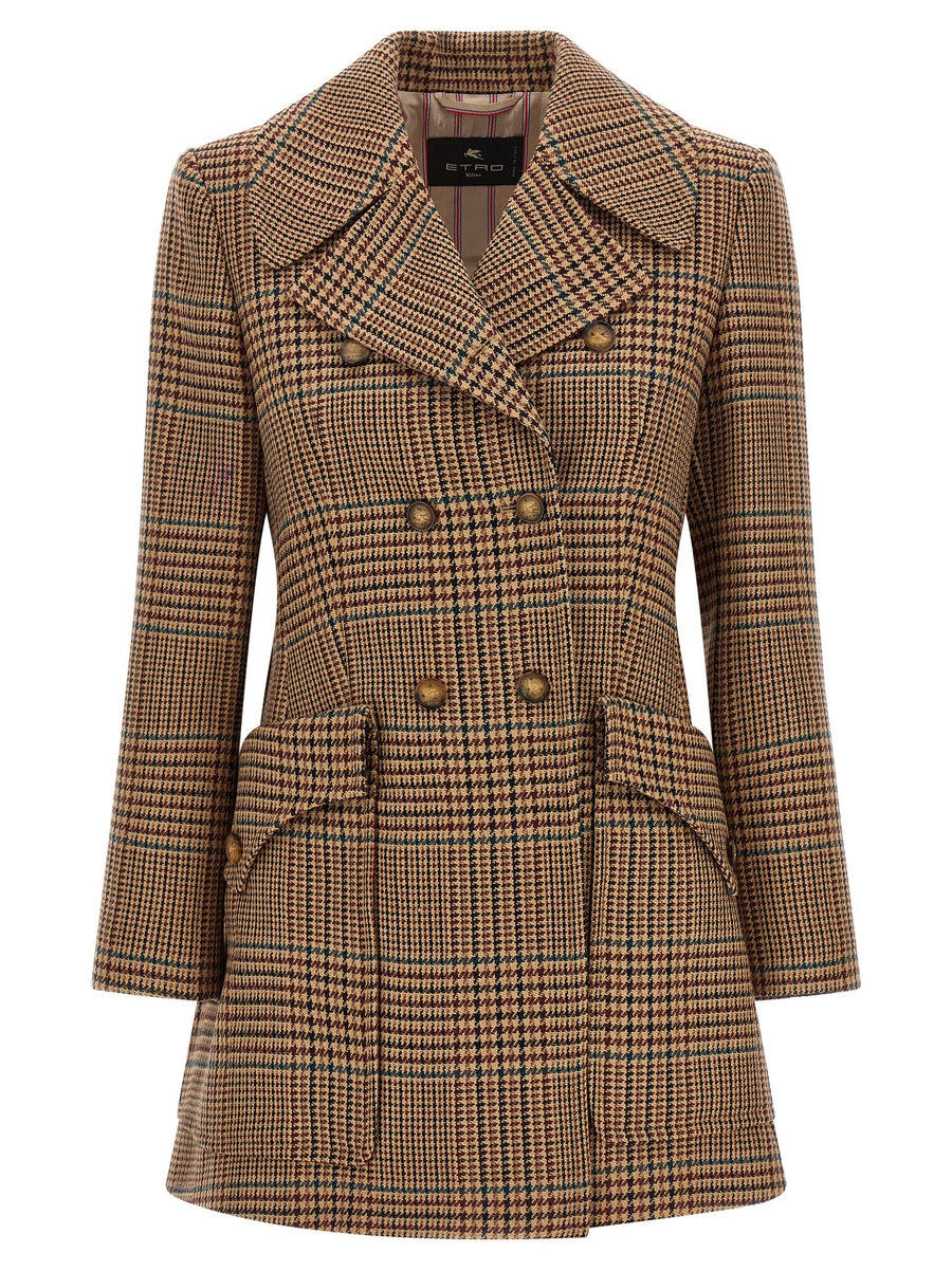 Etro Prince of Wales Double-Breasted Coat — tan