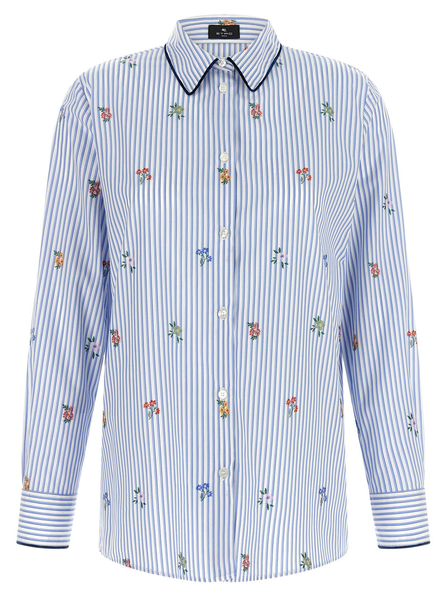 Etro Floral-Embroidered Striped Cotton Shirt — Blue