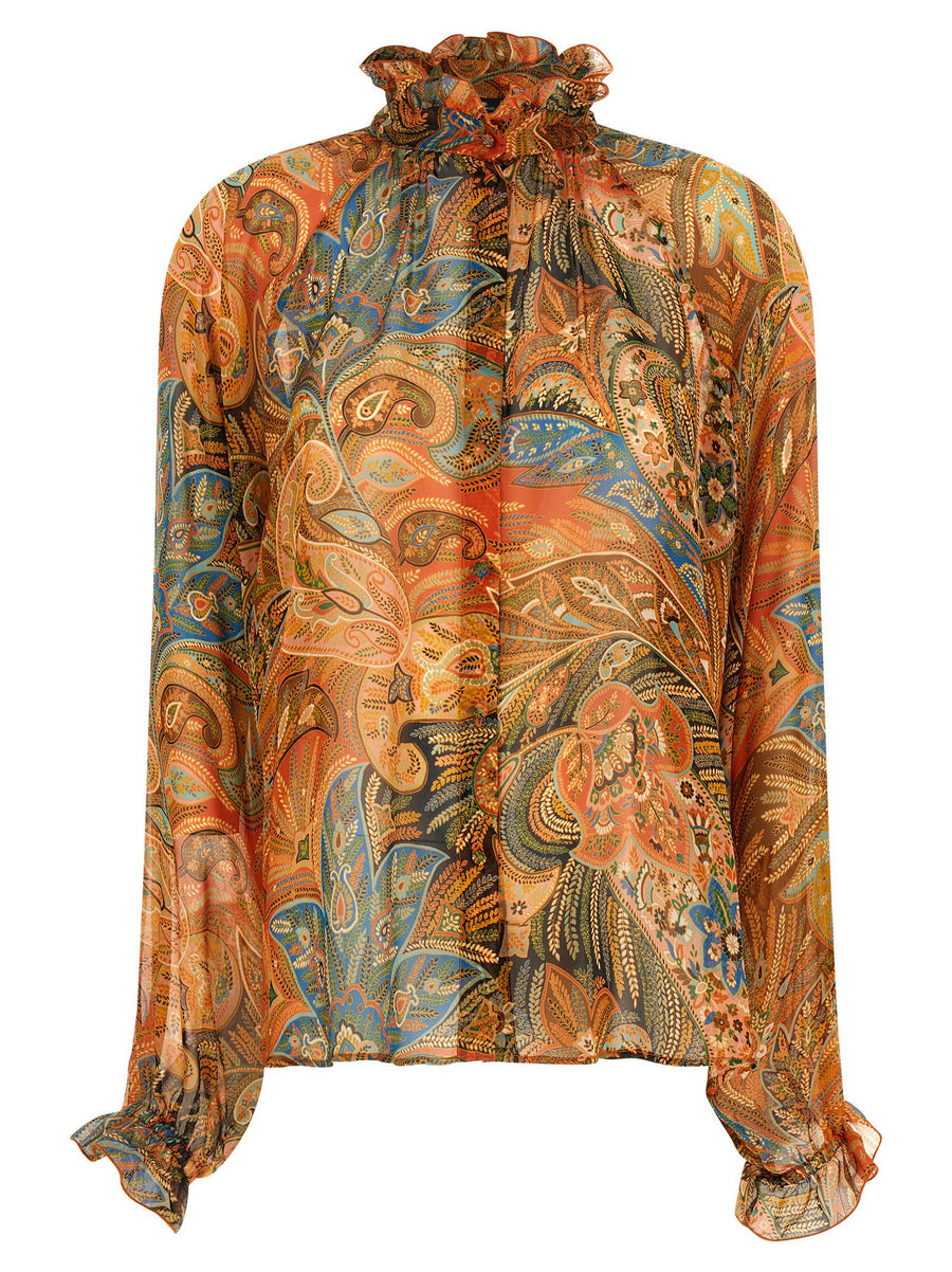 Etro Paisley-Print Silk Chiffon Blouse — orange