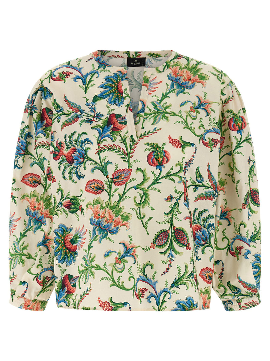 Etro Floral Cotton Poplin Blouse — Cream