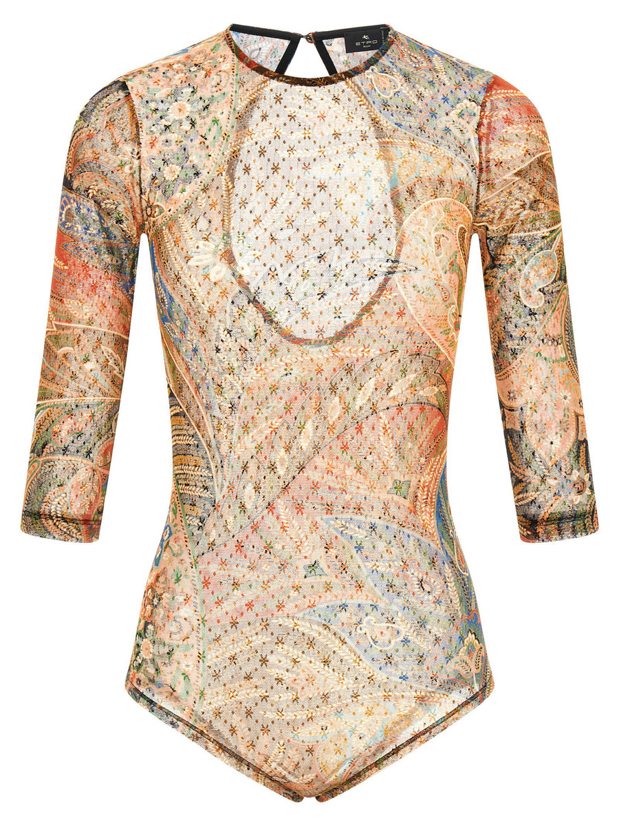 Etro Paisley Foliage Tulle Bodysuit — Multicolor