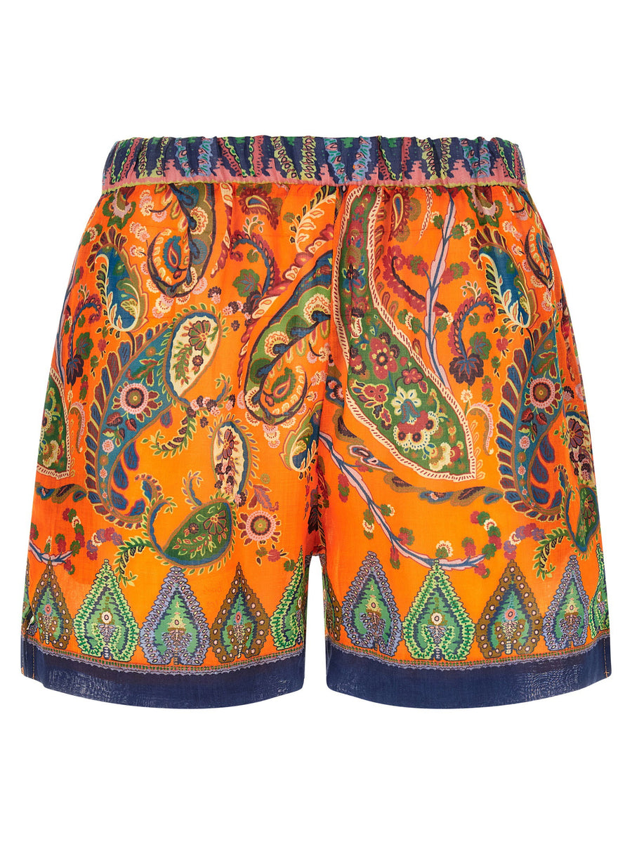 Etro Floral Paisley Ramie Shorts — Orange