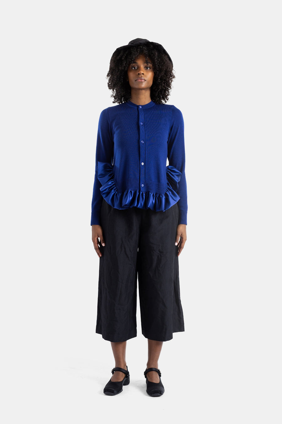 Noir Kei Ninomiya Fine knit with satin ruffles cardigan in blue