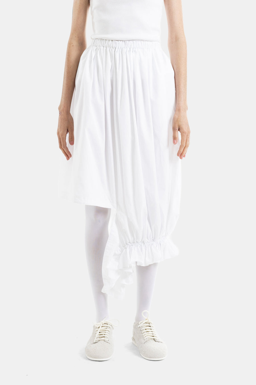 Asymmetric Draped Volume Skirt With Ruched Orb White Top