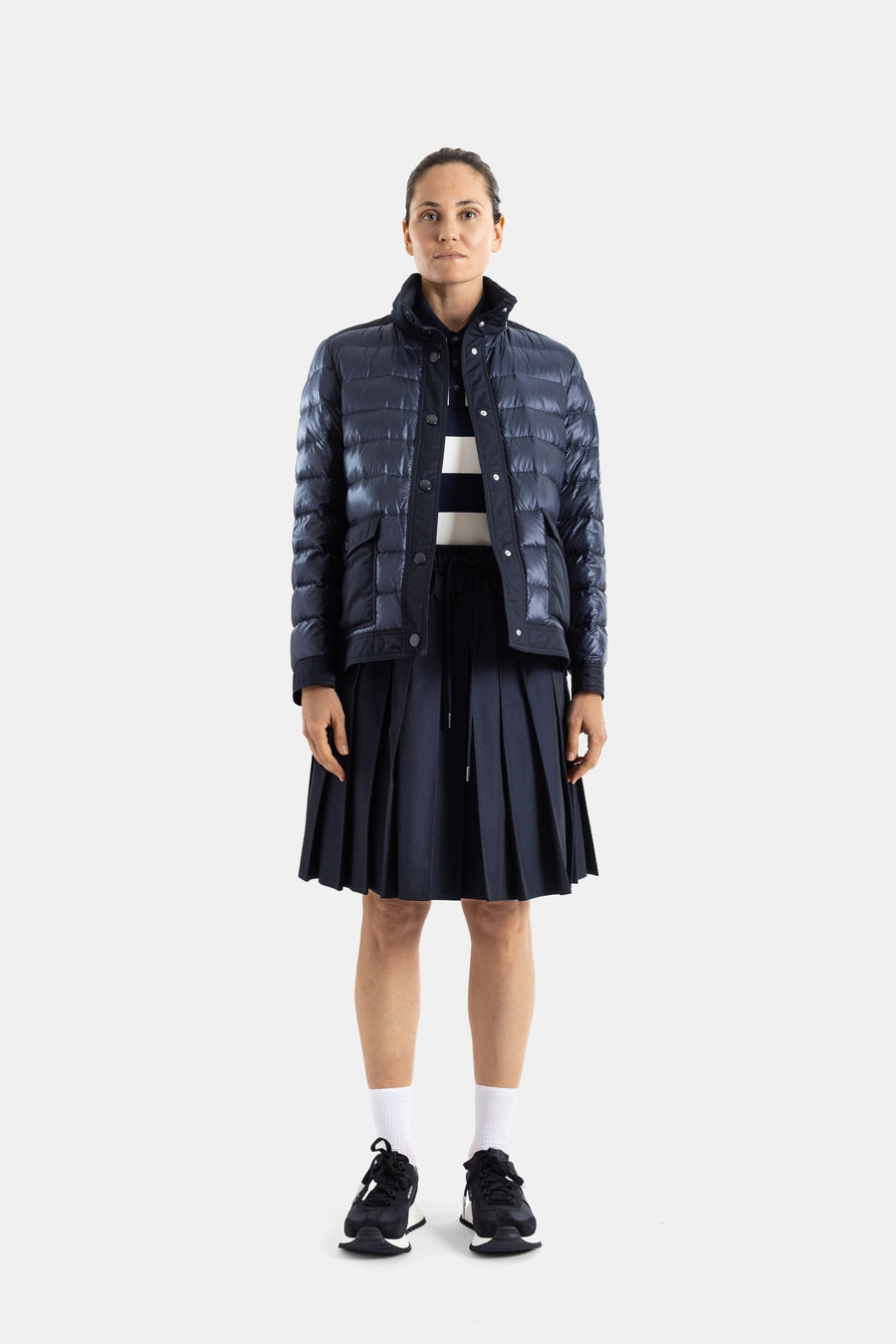 Moncler Down with technical nylon panels down jacket in navy