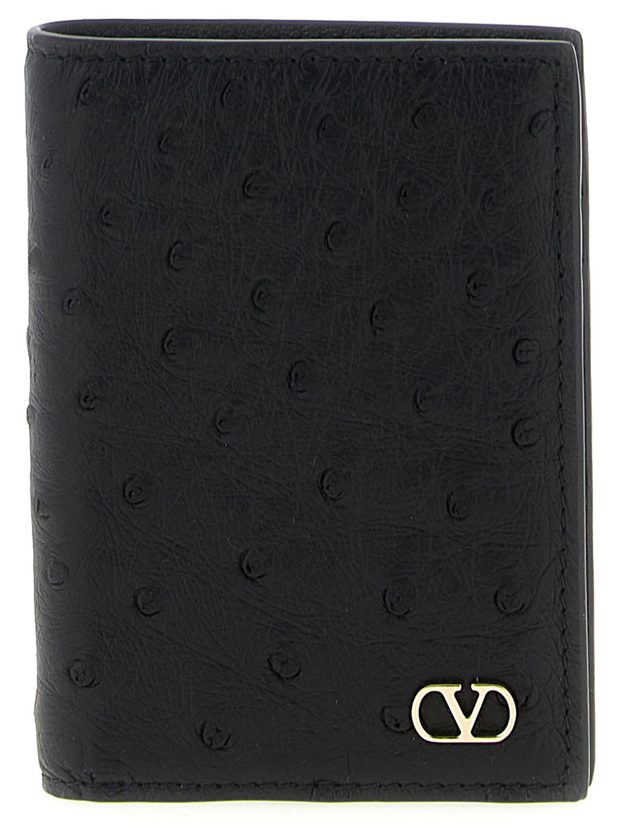 Valentino Garavani Ostrich Leather Vlogo Card Case — Black
