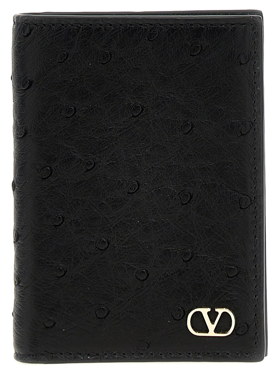 Valentino Garavani Ostrich Leather with Vlogo Card Case — Black