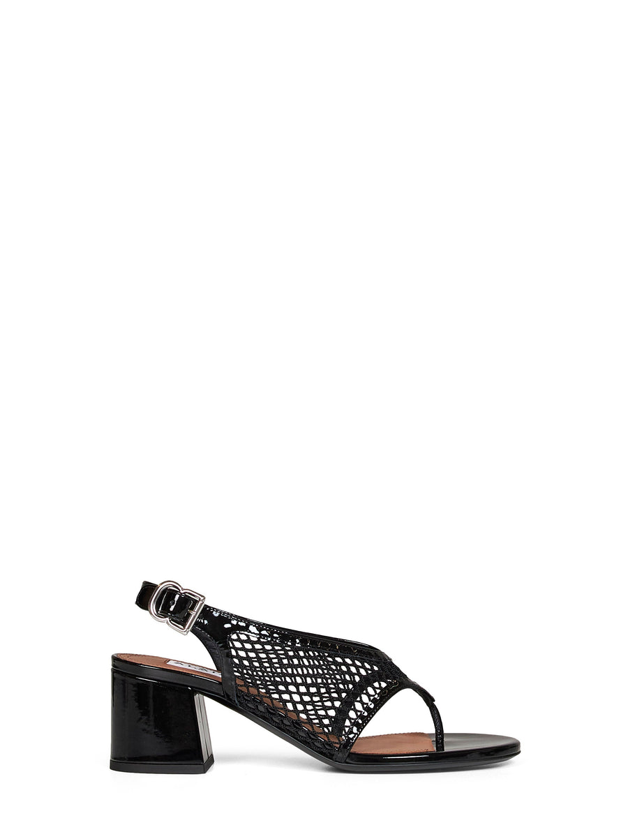 Heeled Thong Sandals Black Fishnet & Patent Lambskin