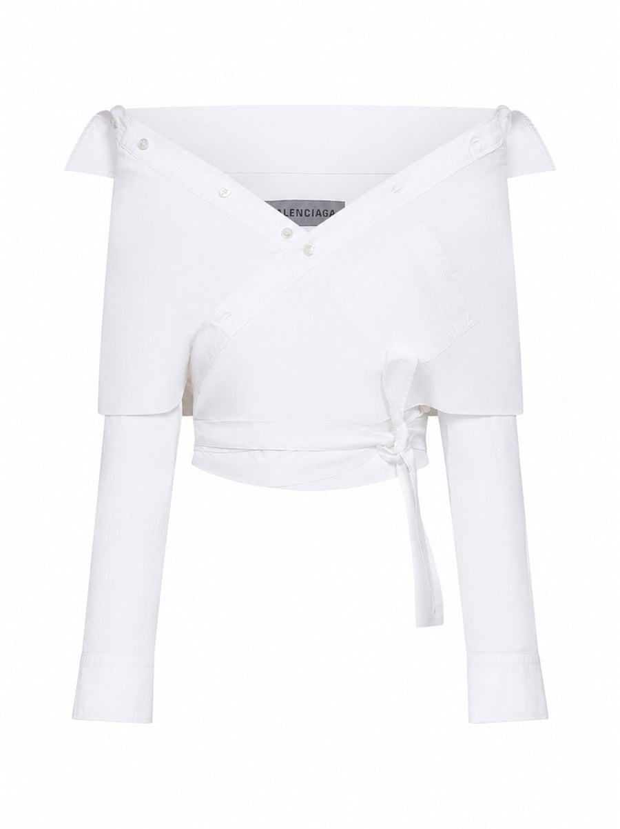 Shirt Off-Shoulder Wrap White Cotton Poplin