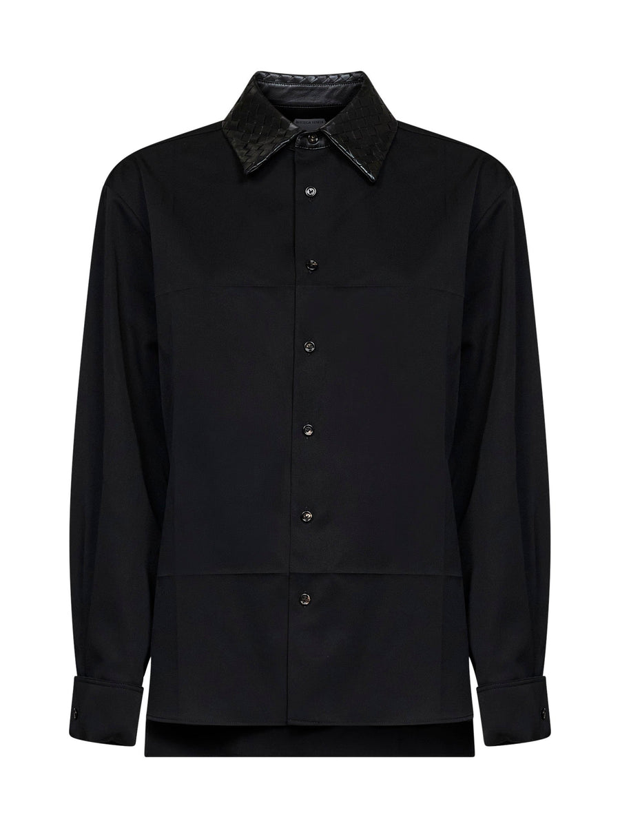 Wool Shirt With Intrecciato Leather Collar Black