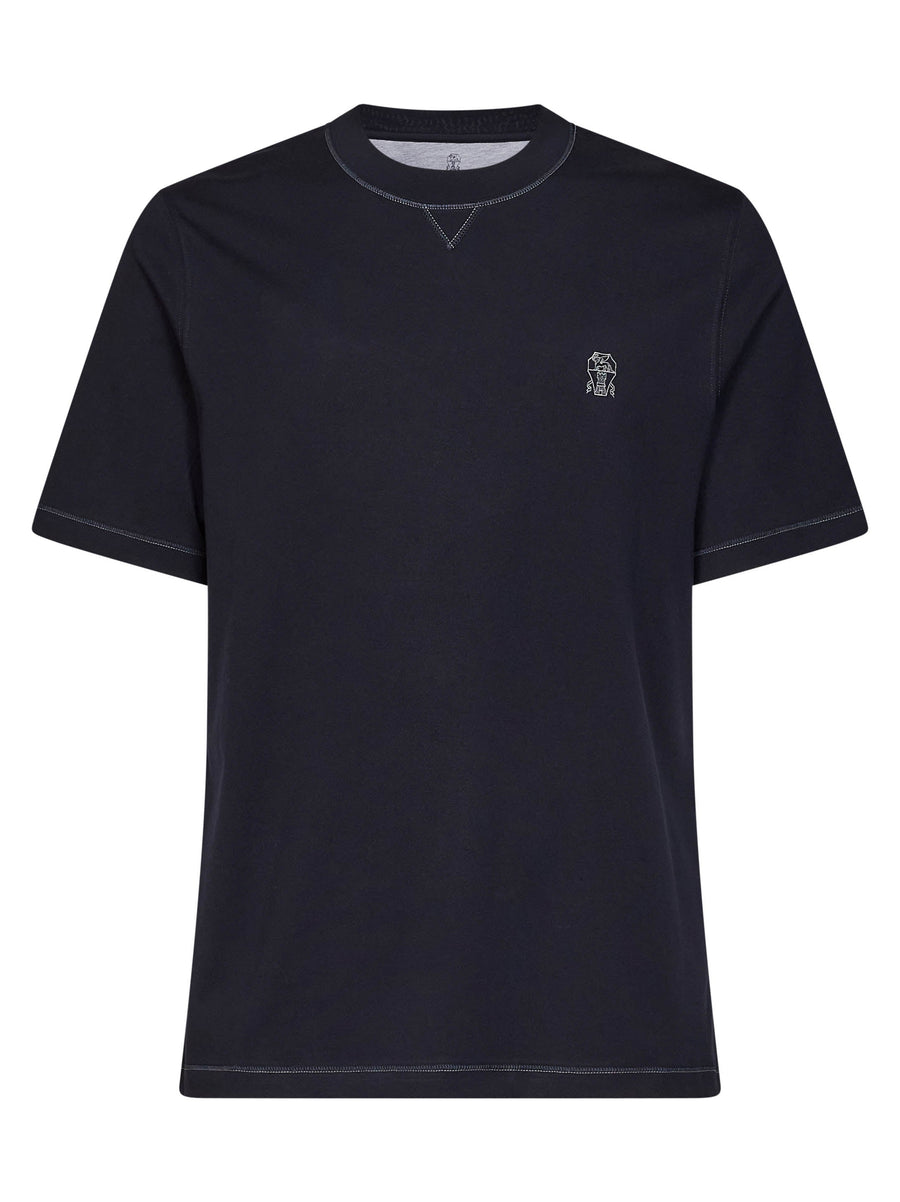 Crewneck T-Shirt Solomeo Crest Navy Blue Cotton T-shirts