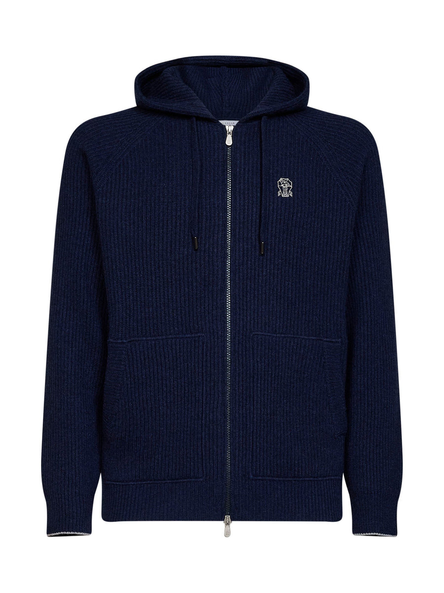 Zip-Up Cashmere Hoodie Navy Blue Cardigans