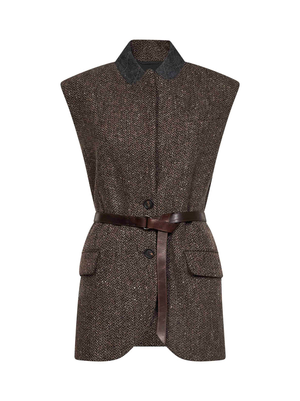 Belted Chevron Vest Brown Virgin Wool Jacket