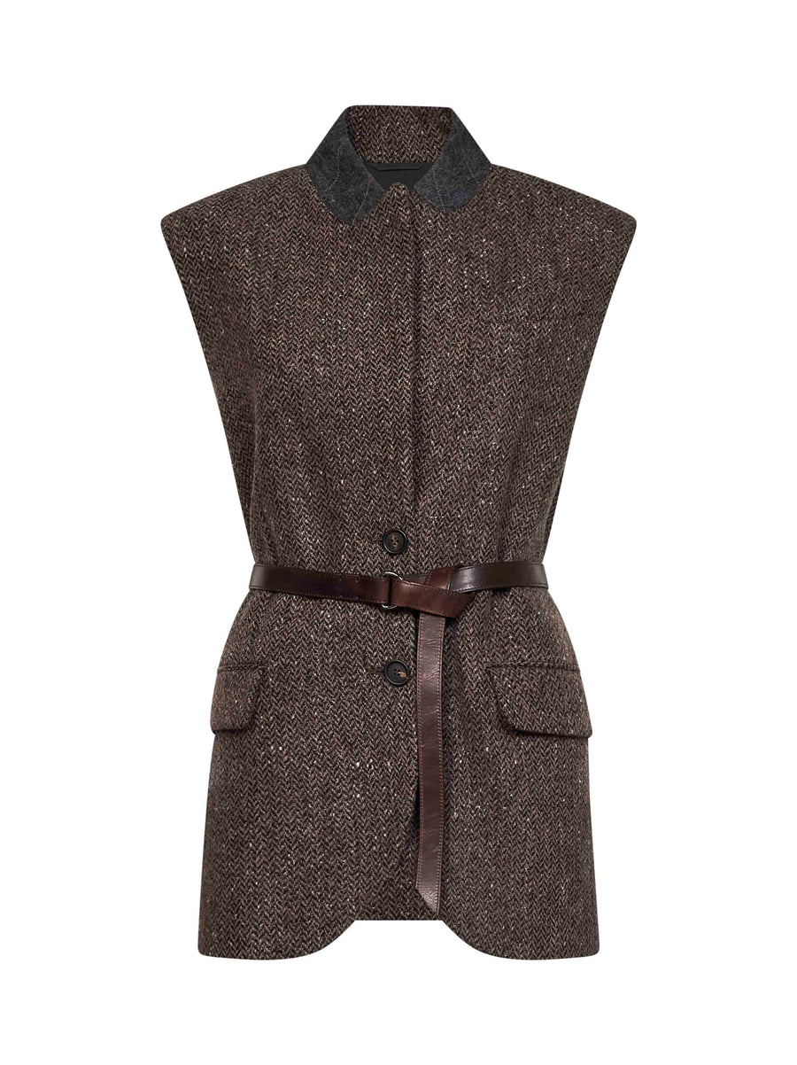 Belted Chevron Vest Brown Virgin Wool Jacket