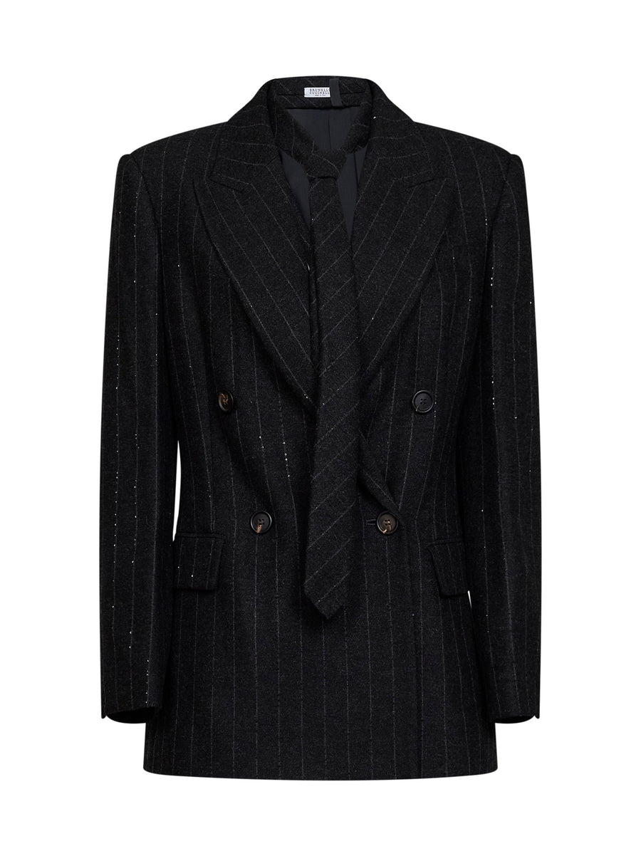 Wool-Blend Blazer With Tie, Grey Jacket