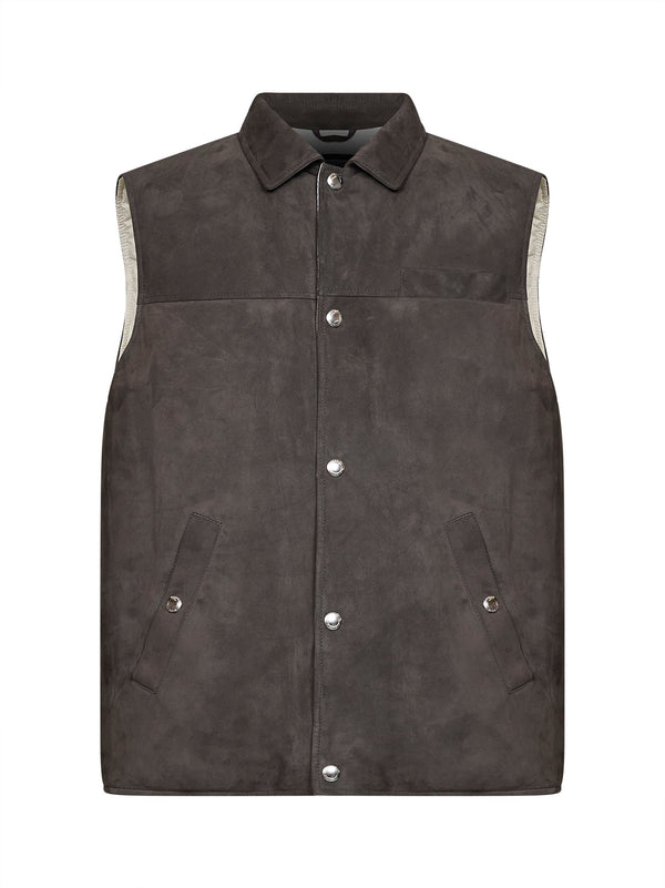 Padded Vest Steel Grey Calf Leather & Down Jackets