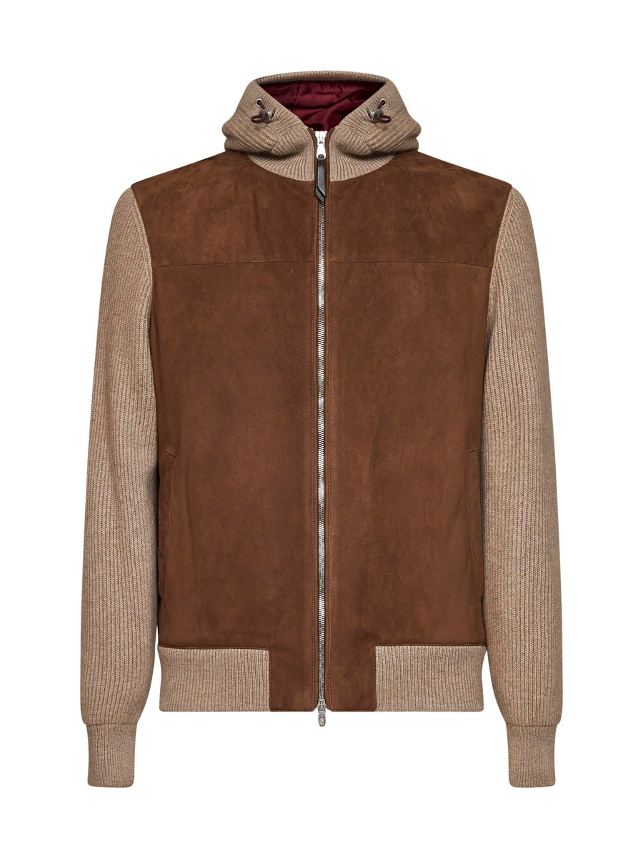 Hooded Bomber Jacket Mink And Brown Suede Virgin Wool