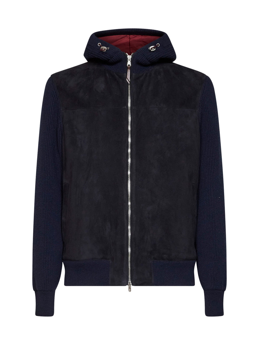 Hooded Jacket Navy Blue Suede And Knit Bomber