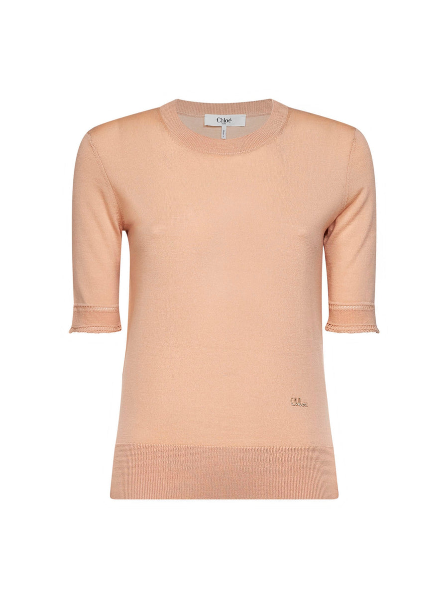 Short-Sleeved Virgin Wool Sweater - Tender Peach Pink