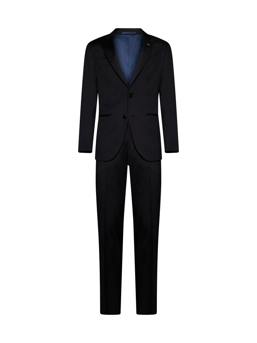 Single-Breasted Suit, Notched Collar, Black Wool Virgin Suits