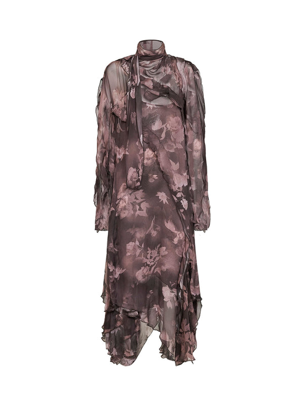 Asymmetric Midi Dress D-Riadi Brown Chiffon Multicolour Viscose