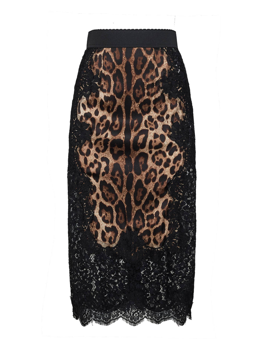 Pencil Skirt Leopard-Print Satin And Lace Multicolour Cotton
