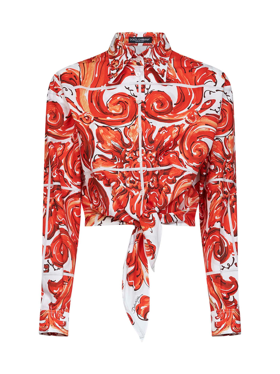 Cropped Maiolica-Print Shirt, Orange Multicolour Cotton