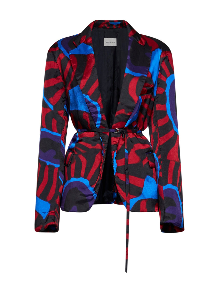 Belted Blazer Marbled Clay Print Red Multicolour Canvas Jacket