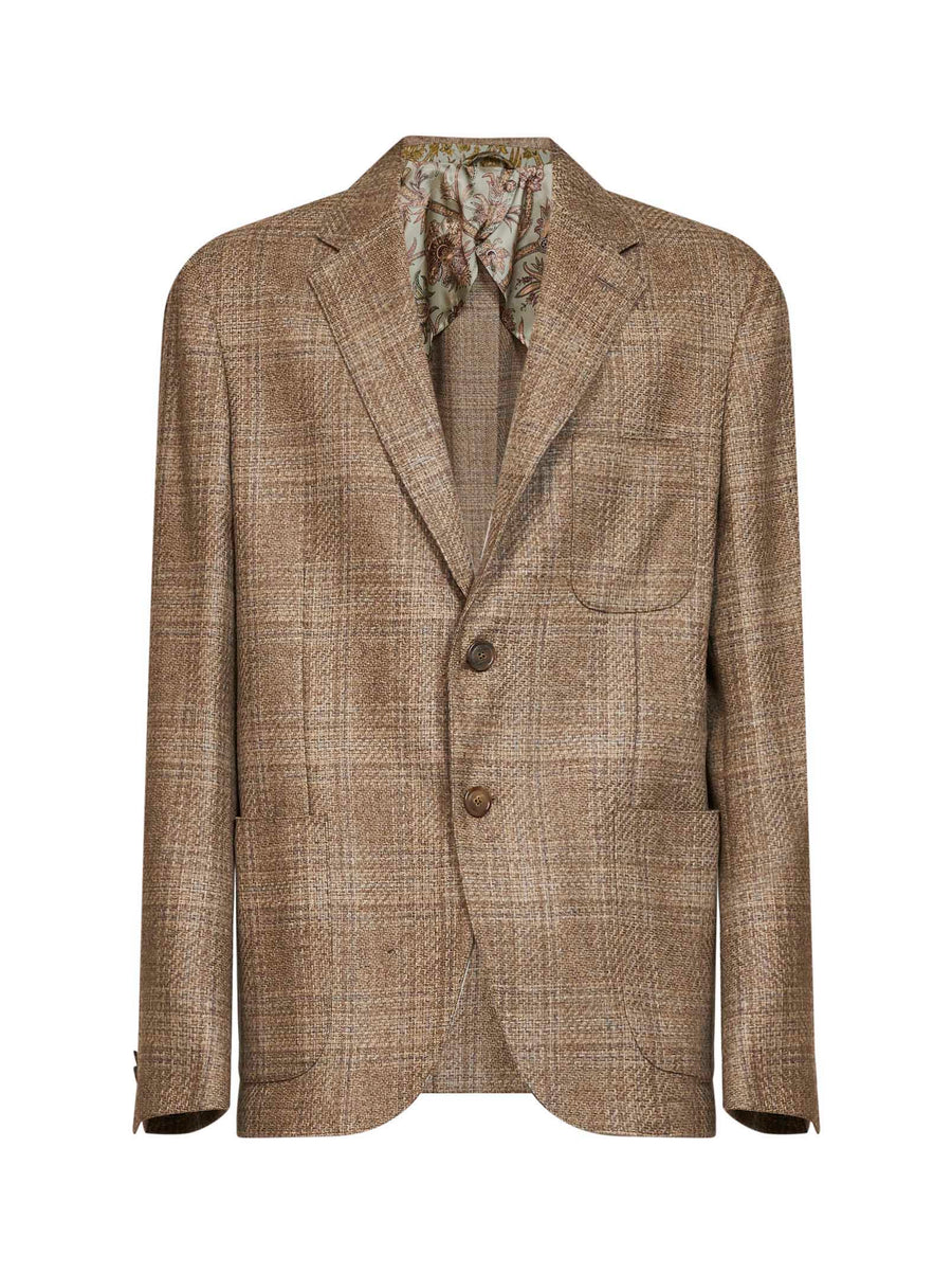Single-Breasted Blazer Prince Of Wales Beige Wool Jacket