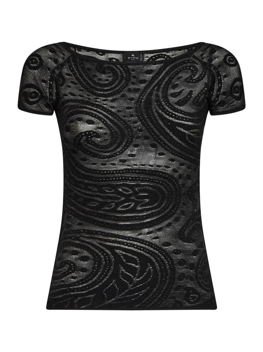 Off-The-Shoulder Knit Top Black Paisley Viscose