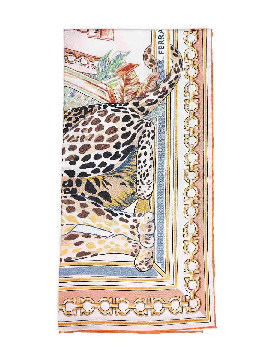Silk Scarf Felini Print Ivory-Orange Multicolour