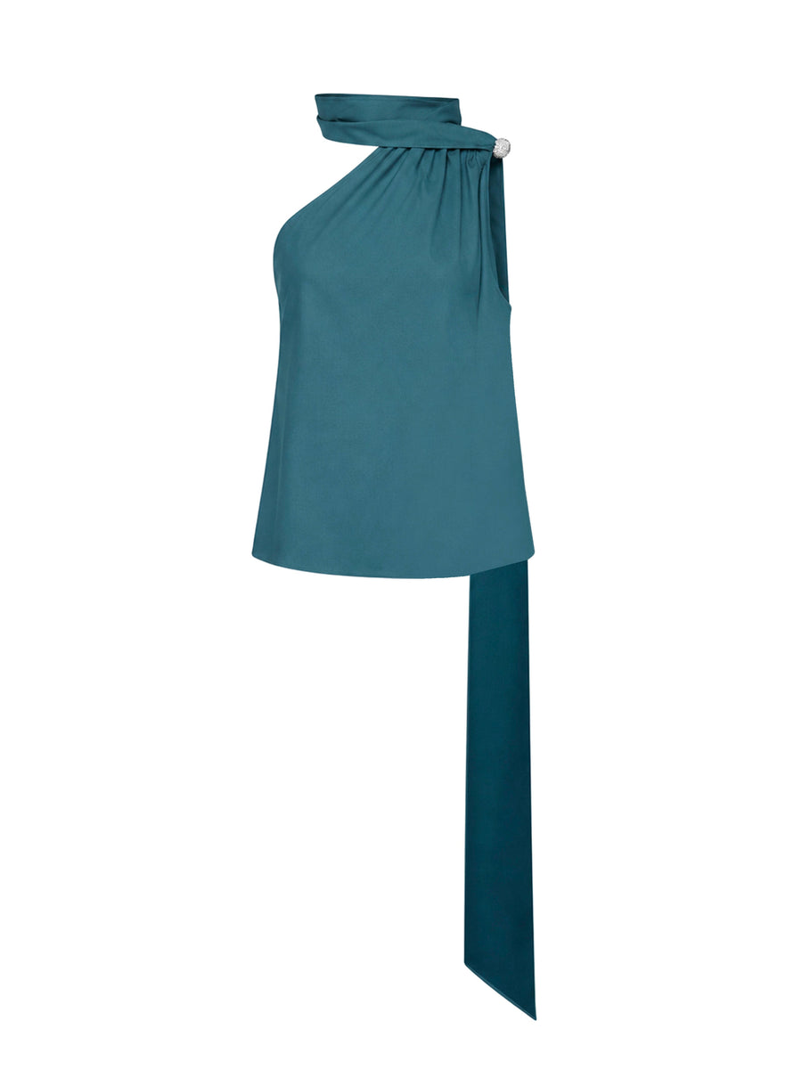 One-Shoulder Virgin Wool Top With Jewels Green Tops
