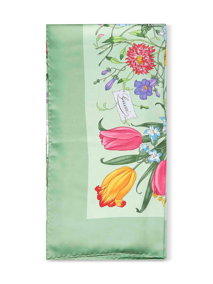 Silk Twill Scarf Flora Print Green