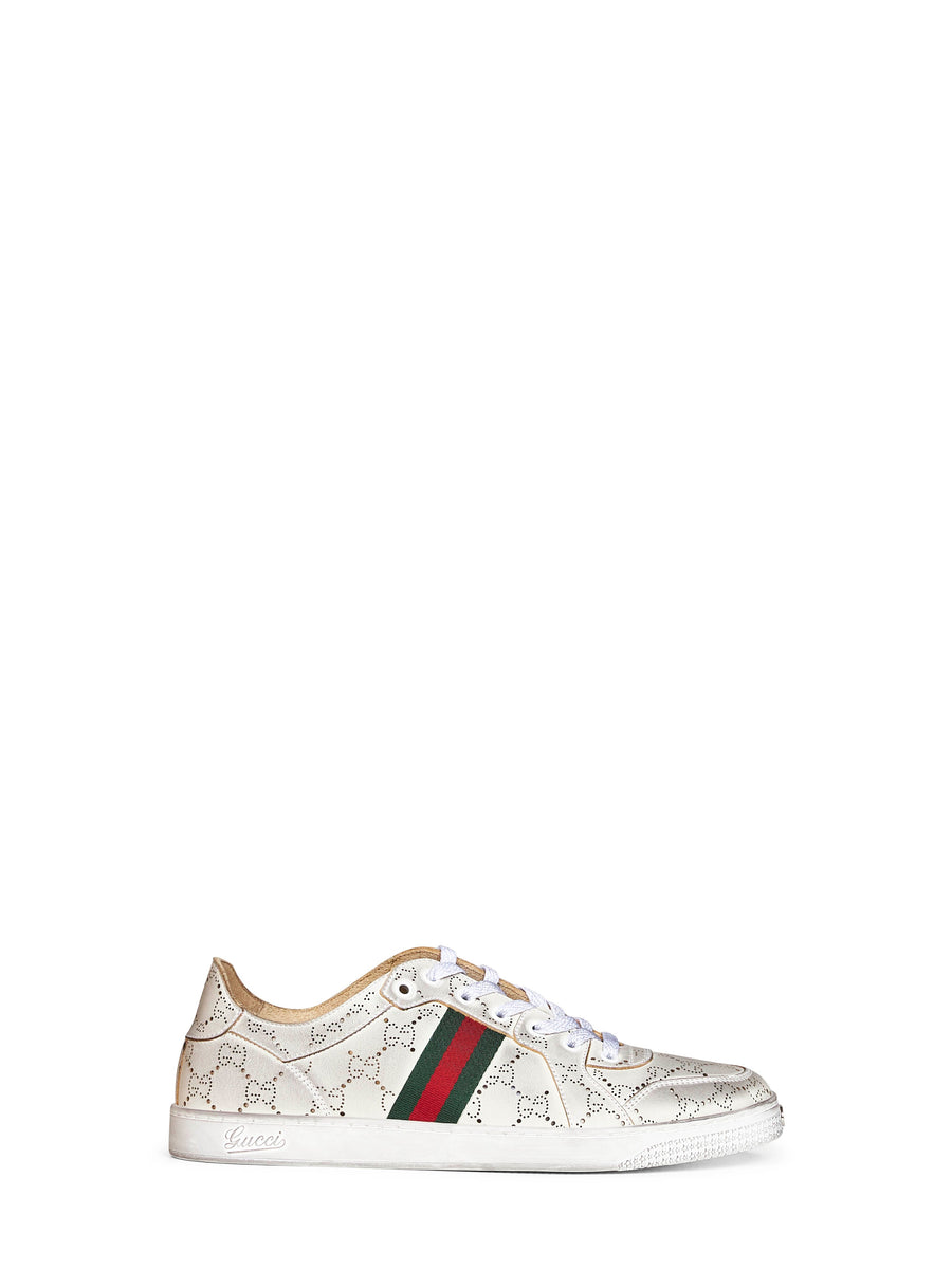 Low-Top Laser-Cut Leather Sneakers Beige Calfskin Trainers