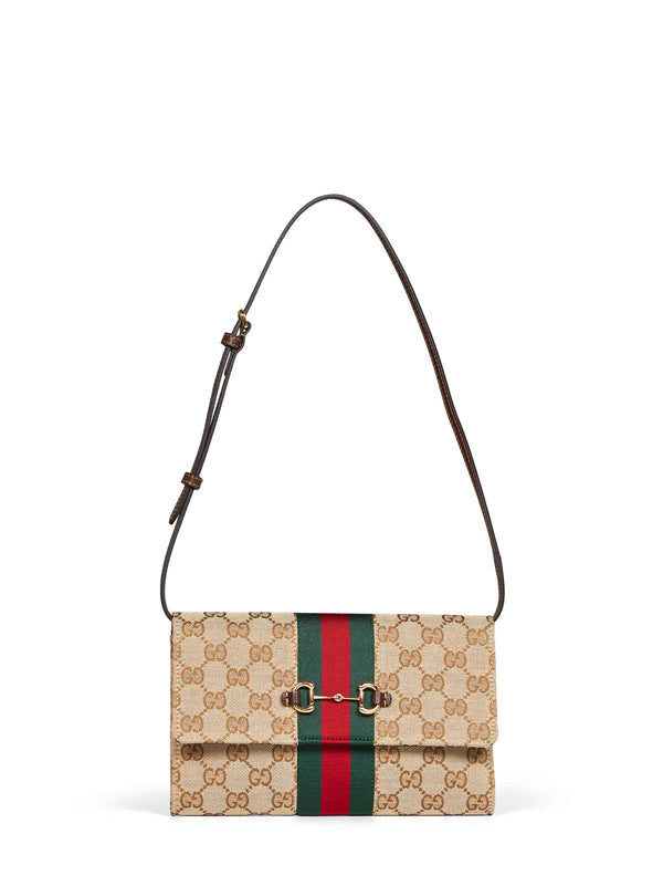 Foldover Horsebit Wallet Beige Calfskin Shoulder Bags