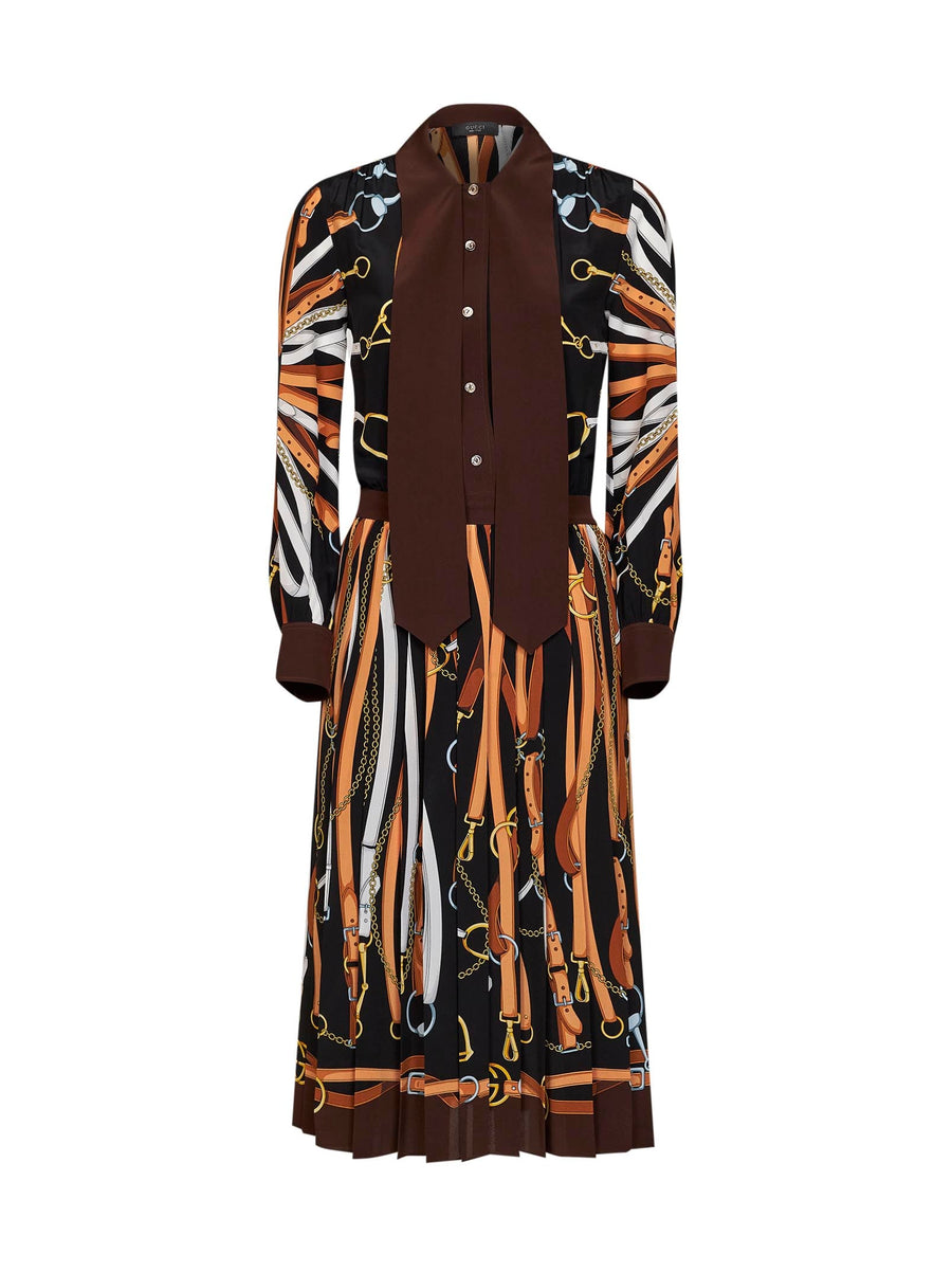 Midi Shirt Dress Black-Brown Silk Multicolour