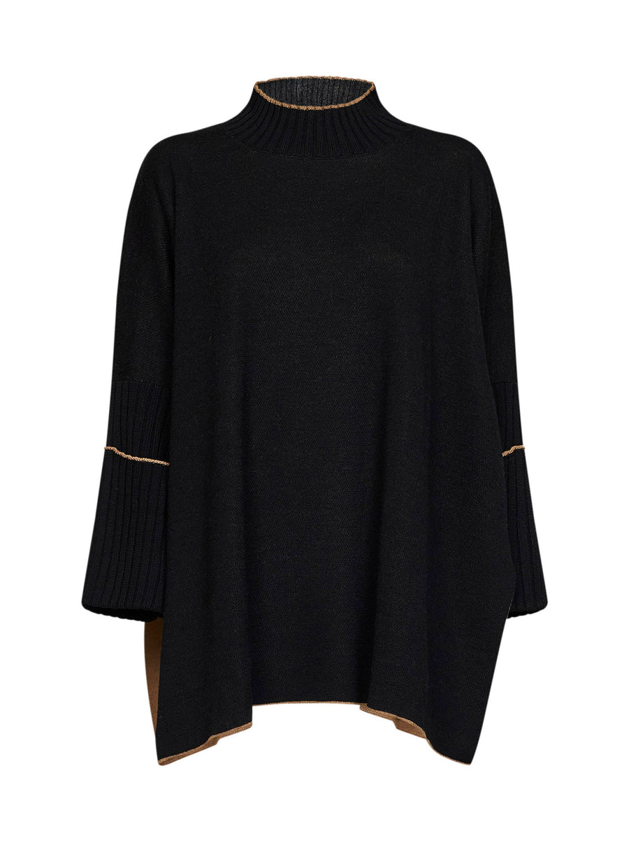 Knit Poncho Sweater Black Virgin Wool