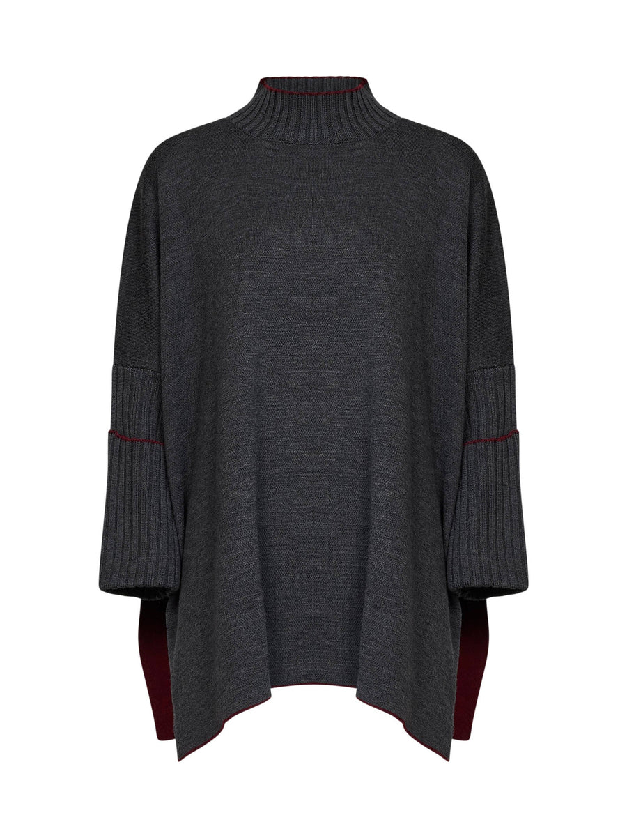 Knit Poncho Top Grey Virgin Wool Knitwear