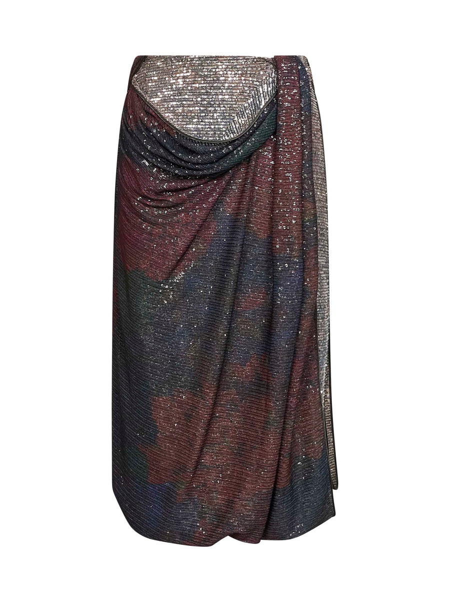 Midi Skirt Draped Sequin-Print Blue-Burgundy Multicolour Polyester